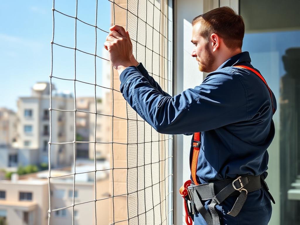 Técnico da WS instalando rede de proteção em janela de apartamento
